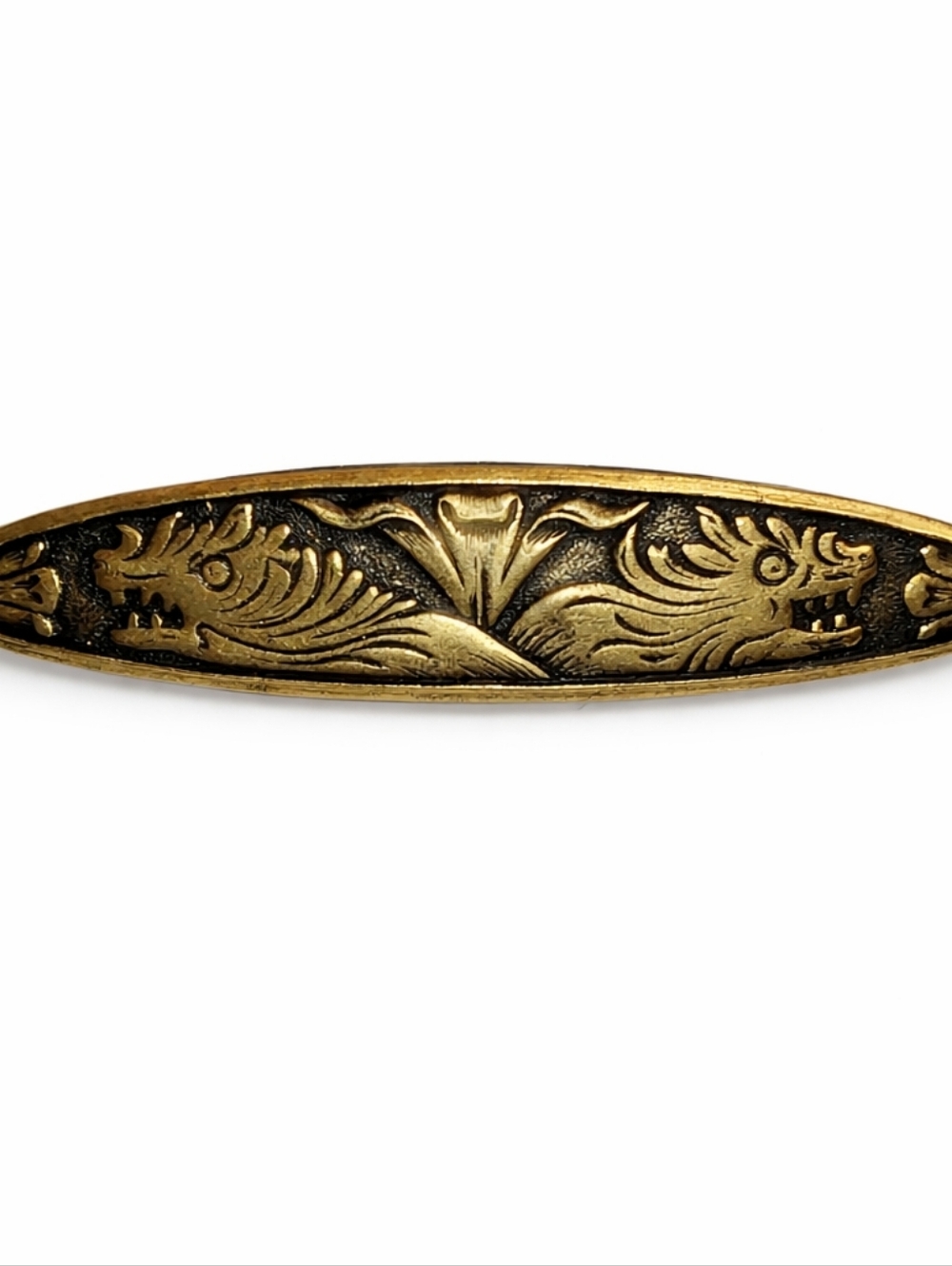Vintage Gold Tone Dragon Bar Brooch Black‎ Enamel Long Oval Pin